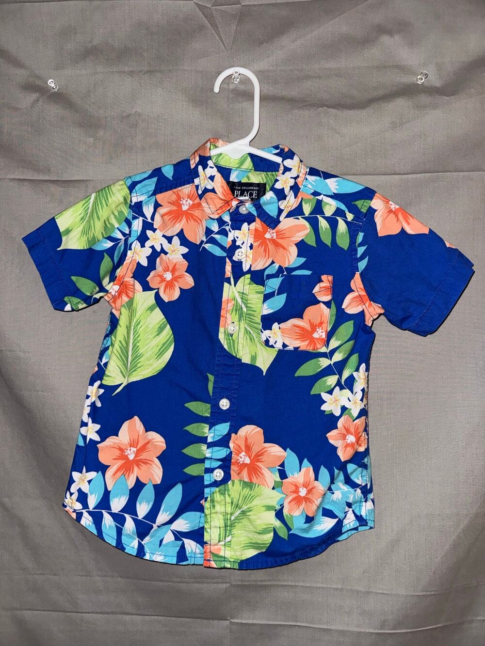 The Children’s Place Boys Tropical Floral Blue Button-Down Shirt, Size 3T